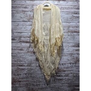Vintage Cream Crochet Shawl Floral Fringe Boho Ethnic Scarf Wrap